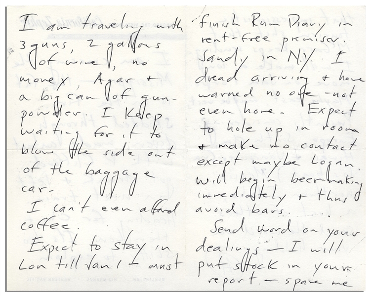 Hunter S. Thompson Autograph Letter Signed, Traveling Cross-Country -- ''...I am traveling with 3 guns, 2 gallons of wine, no money, Agar & a big can of gun-powder...must finish Rum Diary...''